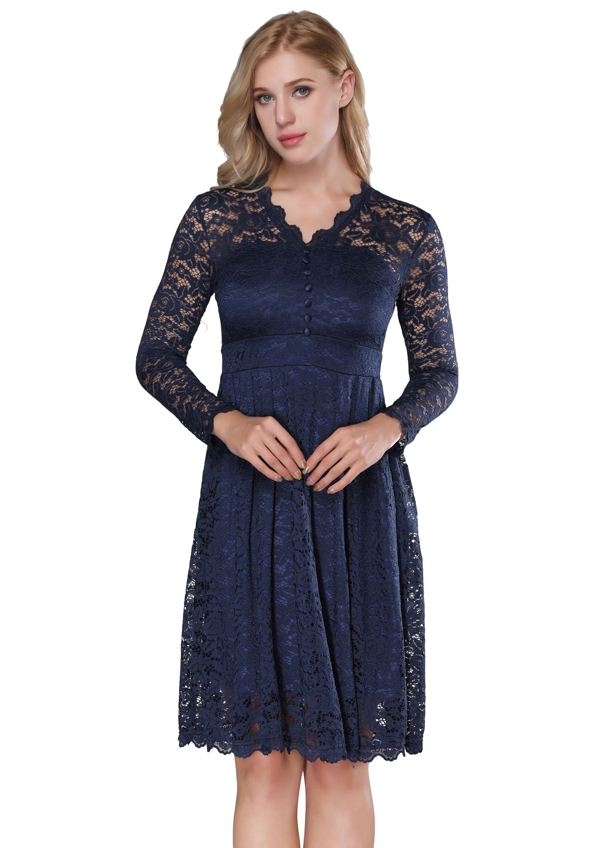 F2528-1 Retro Floral Lace Long Sleeve Vintage Swing Cocktail Bridesmaid Dress